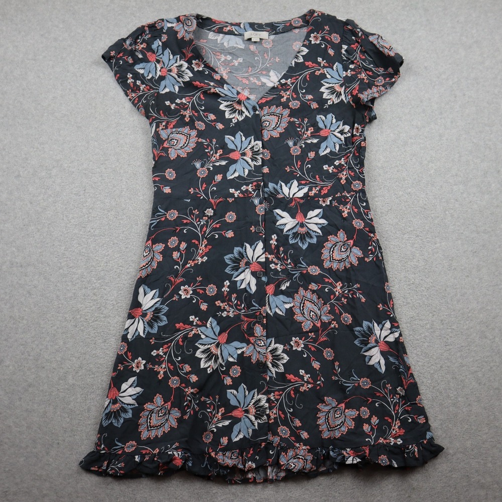 LOFT Outlet Dress Womens 8 Floral Fit & Flare Navy Blue Ruffle Button Front Mini